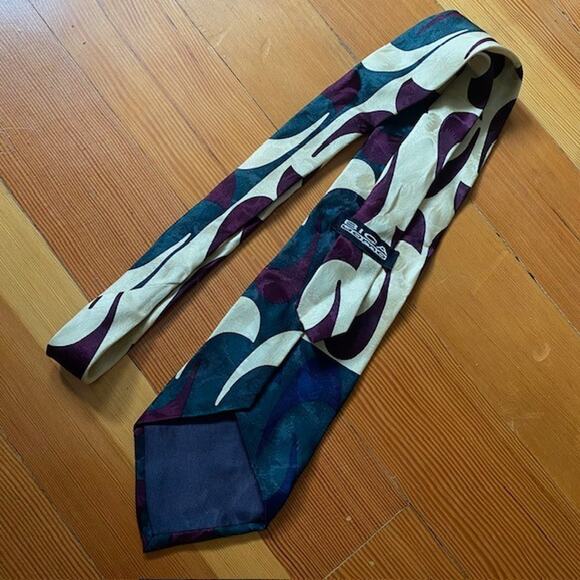 Bica Uomo Mens Necktie 100% Silk Tie Short 58 x 4 Made in USA Green Purple Ivory - Picture 3 of 5